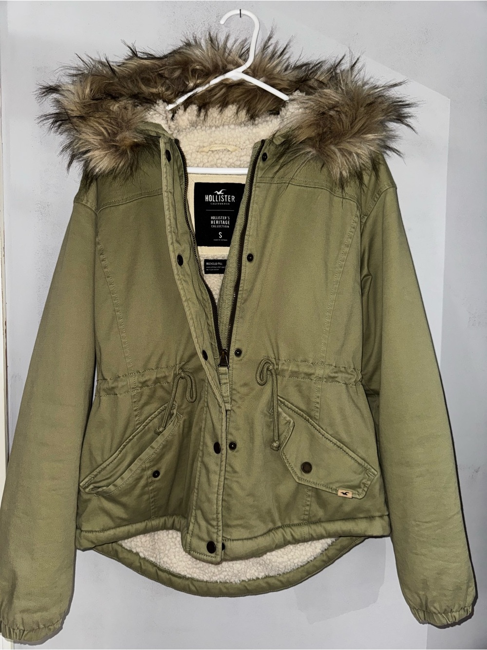 Hollister Olive Green Faux Fur-Trim Hooded Utility Jacket
